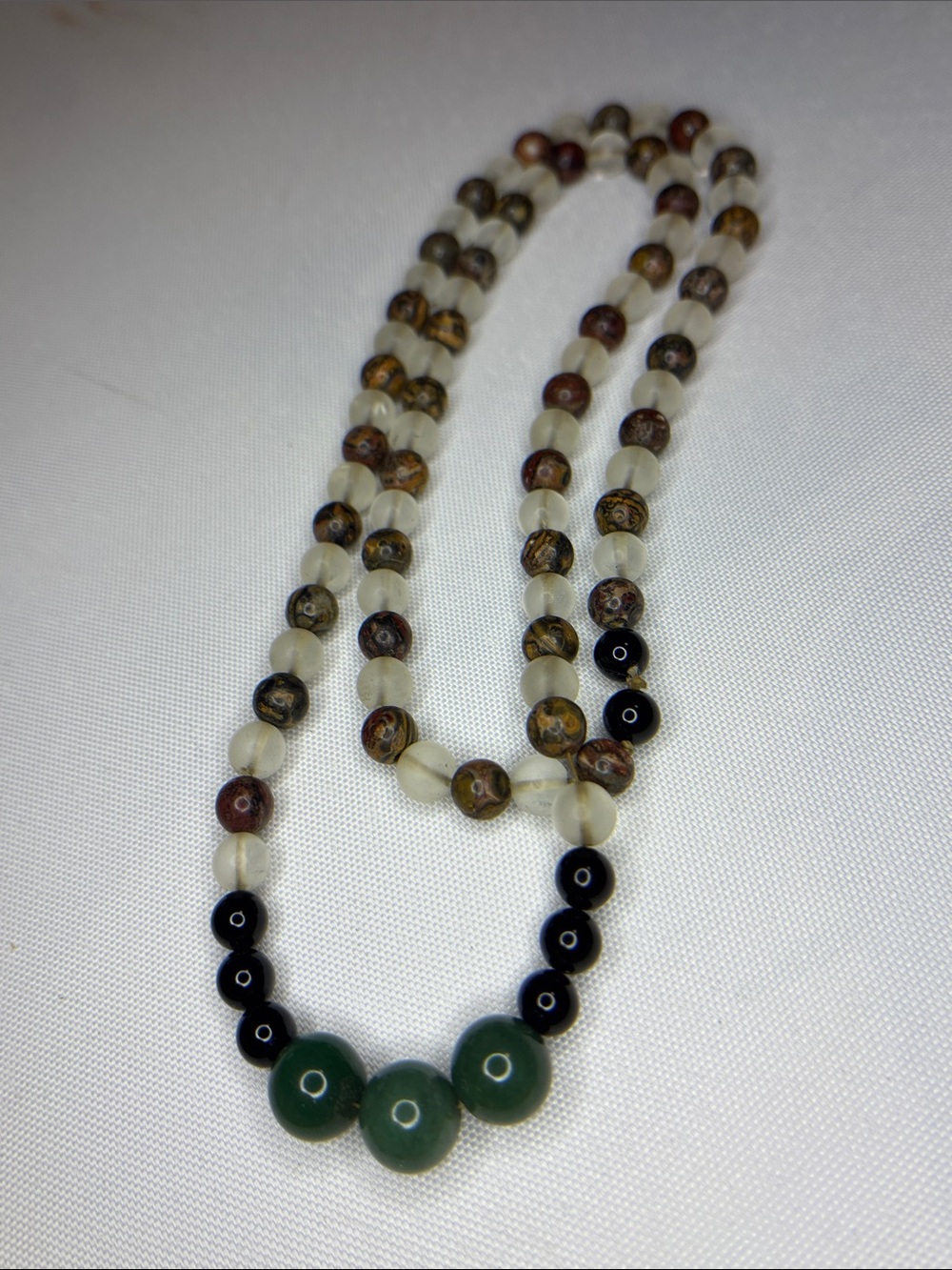 leopardskin Jasper and Jade long handcrafted beaded necklace
